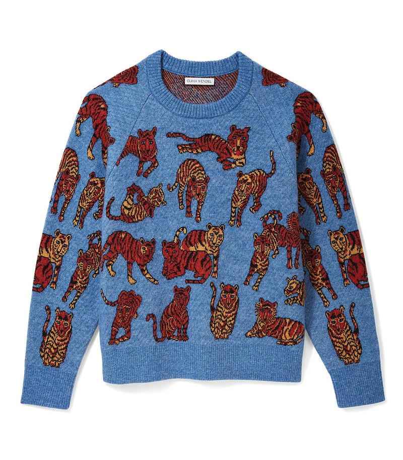 Olivia Wendel Playful Tiger Sweater - Blue/Oatmeal